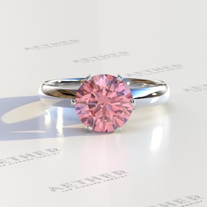 3 Carat Fancy Vivid Pink Round Cut Lab Diamond Engagement Ring, Round Pink Diamond Engagement Rings, Solitaire diamond ring, Proposal Ring