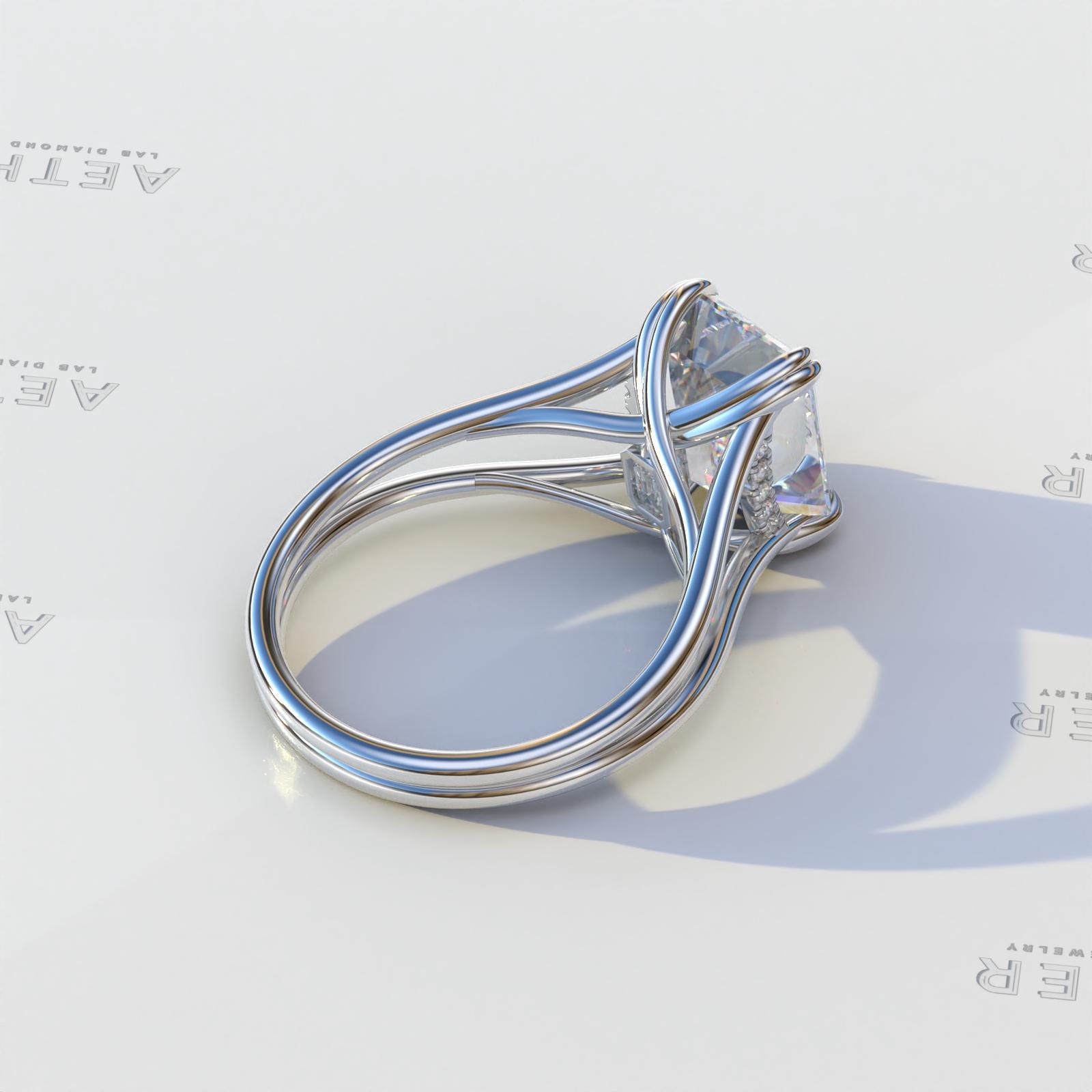 4カラット エメラルドカット モアッサナイト ダイヤモンド ソリティア - スプリットシャンクセッティング - プロミスリング - エンゲージリング