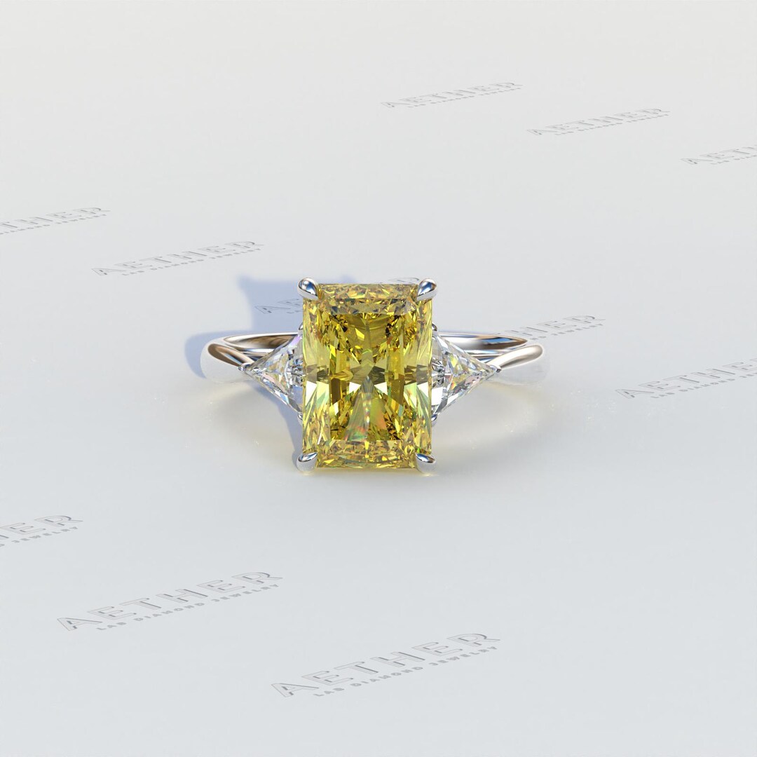 Three Stone 3 Carat Radiant Cut Yellow Lab Grown Diamond Engagement ...