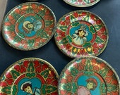 Antique Red Tin Litho Toy Tea Set - Teapot Pitcher 6 Tea cups and Saucer- Children and Animals