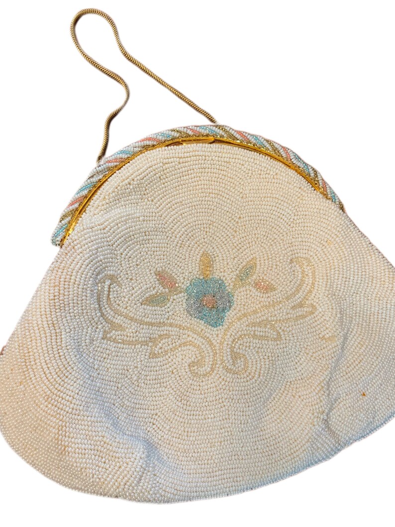 French Vintage French White Floral Delill Beaded Handbag Made in France 1950s