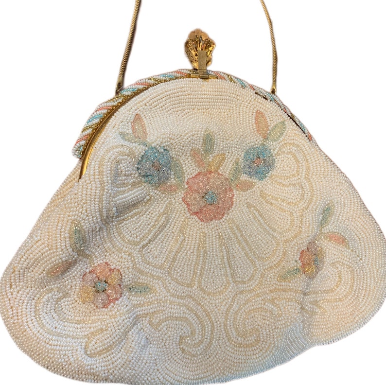 French Vintage French White Floral Delill Beaded Handbag Made in France 1950s