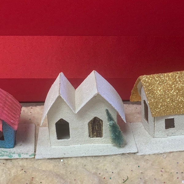 Lot of 3 Vintage Christmas Villages/ 3 Cardboard Putz Houses/Made in Japan/ Mica Glitter- Vintage Christmas 1940s-