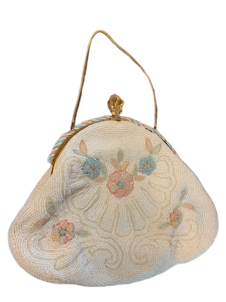 French Vintage French White Floral Delill Beaded Handbag Made in France 1950s
