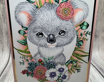 Hand colored Koala Card 5x7 - Blank NoteCard, Greetings Card, Handmade Card 5x7