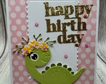 Birthday Girl Dinisaur - Creations By Wendalyn, Spring, Birthday, Whimsy, Friendship, Thinking of You, Birthday, Handmade