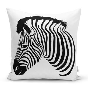 Könnte beinhalten: Weißes quadratisches Kissen mit einer schwarz-weißen Illustration eines Zebra-Kopfes. Das Zebra ist im Profil dargestellt, mit seinem gestreiften Muster und seiner Mähne. Ein dekorativer Artikel für das Zuhause.