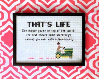 Mad Men quote grasmaaier kruissteekpatroon