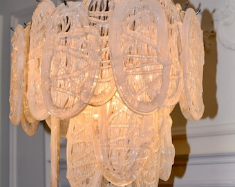 Vintage Murano Glass Chandelier, Mazzega Leaf Pendant, Mid Century Chrome Light