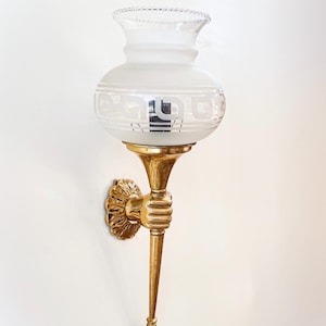 Vintage Mid-Century Art Deco Brass Wall Sconce – Hand Holding Torch, 35 cm Tall