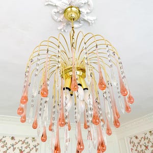 Vintage Italian Murano Waterfall Chandelier  – 1960s / 5 Brass Lights / Pink Glass Murano Drops