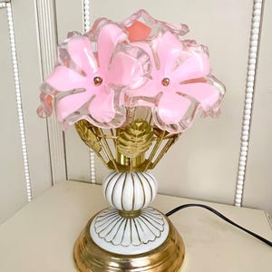 Vintage 1980s Acrylic Flower Table Lamp | Brass & Ceramic Base | Pink Floral Light | Retro Home Decor