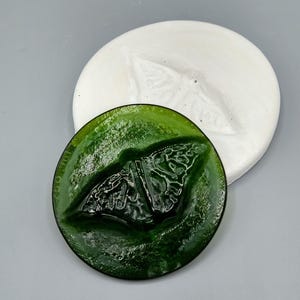 May include: A green, circular resin mold with a detailed butterfly design. A white, circular mold with a butterfly impression is behind it. The butterfly design is raised and has intricate details.