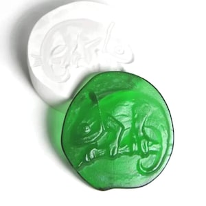 May include: A green, oval-shaped resin piece with a chameleon design, next to a white mold of the same design. The chameleon is perched on a branch, with detailed features. The resin piece has a glossy finish.