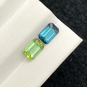 Può includere: Due pietre preziose rettangolari. Una è blu vibrante, l'altra verde brillante. Entrambe sono su una superficie bianca, con uno sfondo scuro. Le gemme hanno un taglio sfaccettato, che riflette la luce.