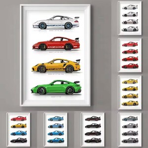 Porsche 911 Generations Poster – Klassische Sportwagenkunst auf 100% Baumwollstoff – Automobile Wanddekoration