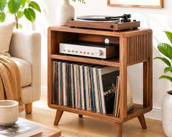 Mid Century Record Player Stand with Vinyl Storage, Turntable Cabinet, LP Storage Shelf, Walnut Media Console for Living Room