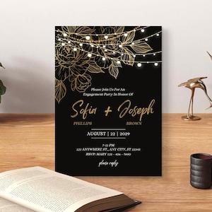 Schwarz & Gold Verlobung Einladung | Elegante digitale Party einladen | Bearbeitbare Canva Vorlage | Sofort Download