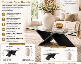 Modern Glass Coffee Table with White Ceramic Vase Bundle, Rectangle Center Table, Luxury Living Room Furniture Set