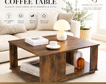 Farmhouse Coffee Table with Mushroom Lamp Bundle, Rustic Wood Coffee Table, Modern Living Room Furniture & Decor Set