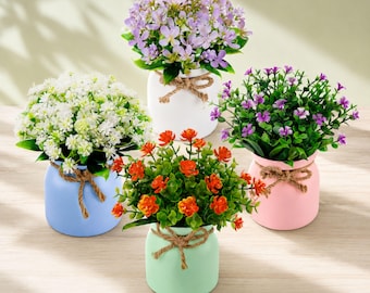 Juego de 4 pequeñas flores artificiales en maceta, mini plantas artificiales, decoración primaveral de estilo rústico.