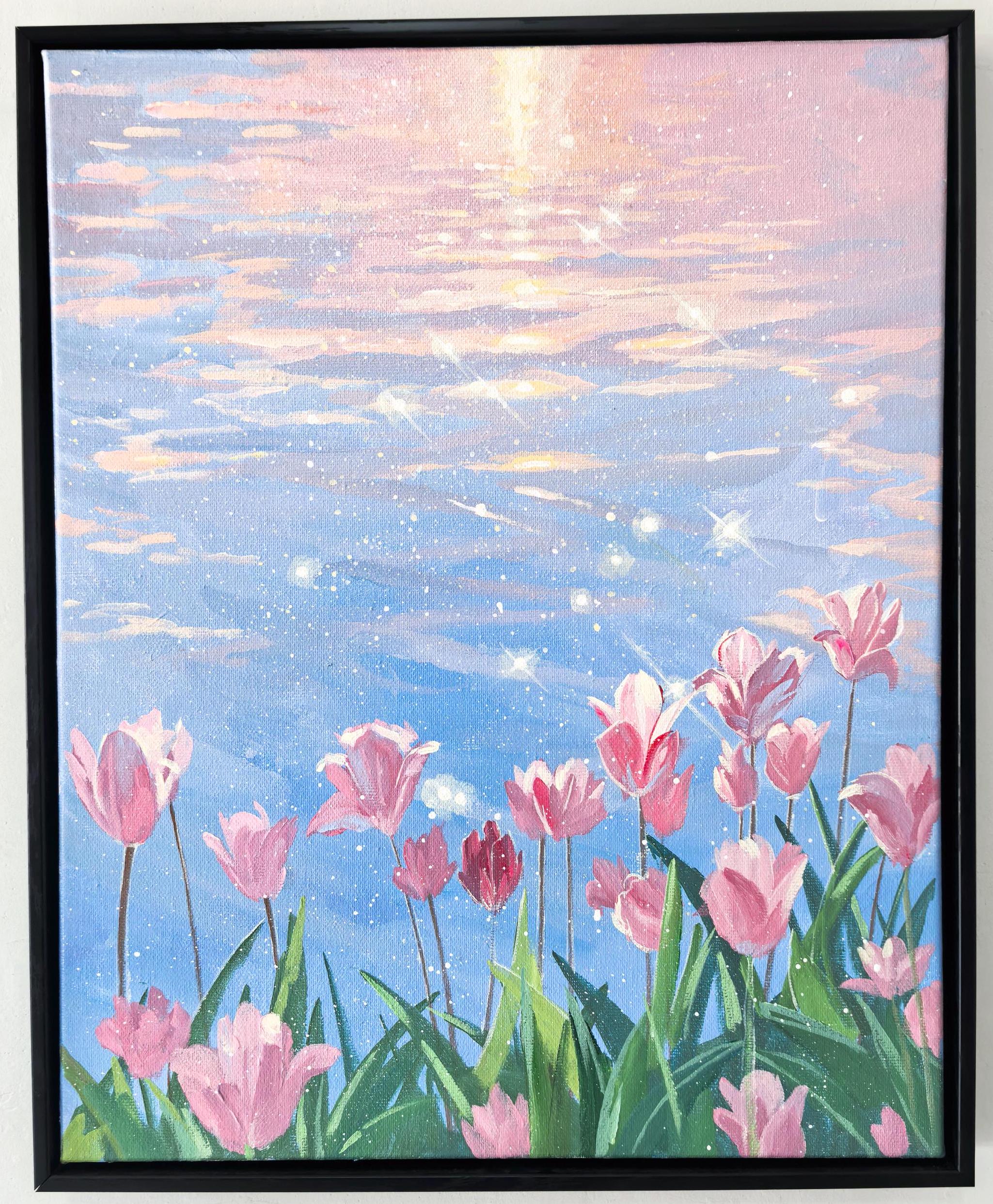 Romantic Pink Tulip Field Painting, Floral Wall Art on Canvas, Pastel ...