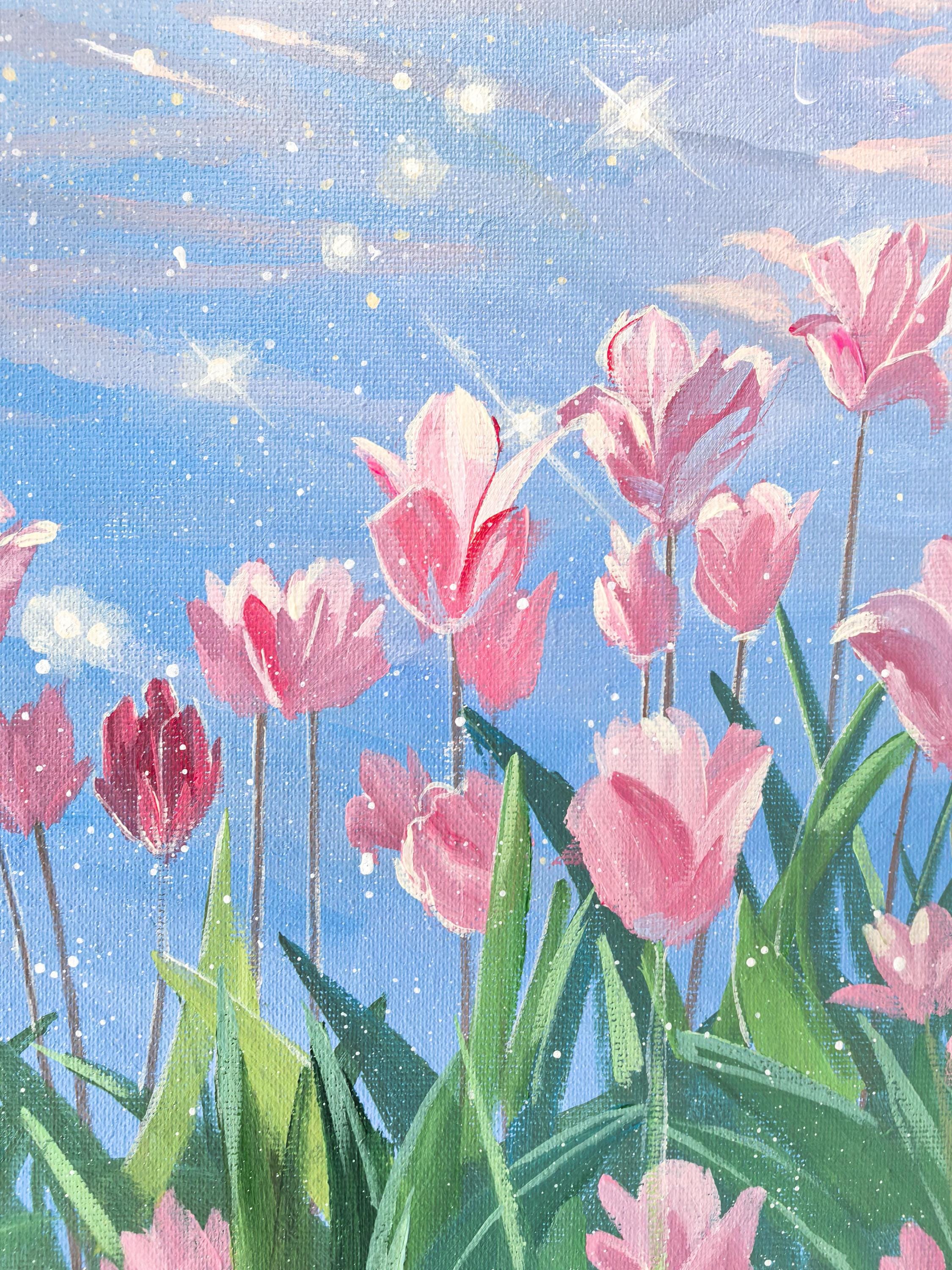 Romantic Pink Tulip Field Painting, Floral Wall Art on Canvas, Pastel ...