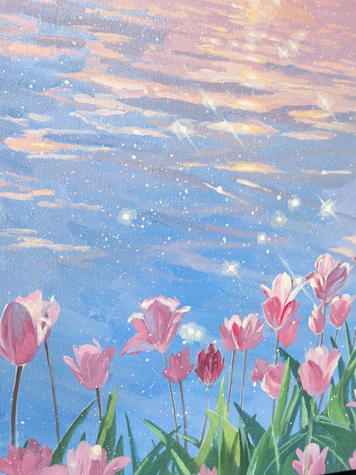 Romantic Pink Tulip Field Painting, Floral Wall Art on Canvas, Pastel ...