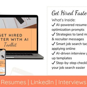 May include: A digital marketing toolkit with the text "Get Hired Faster with AI Toolkit" on a peach background. The toolkit includes tips for resumes, LinkedIn profiles, and interviews.
