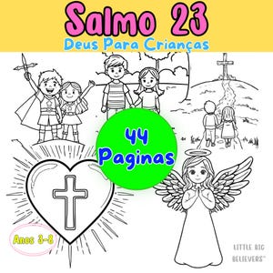 Op de afbeelding: Een kleurboek voor kinderen met de titel "Salmo 23 Deus Para Crianças", met illustraties van kinderen, engelen en kruisen. Het boek heeft 44 pagina's en is geschikt voor kinderen van 3-8 jaar.
