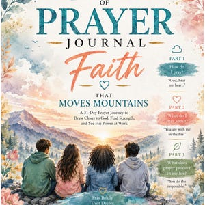Puede incluir: Un diario de oración de 31 días titulado Faith That Moves Mountains, con una ilustración en acuarela de cuatro personas sentadas en un saliente rocoso frente a un lago de montaña al amanecer, rodeado de motivos florales y texto.