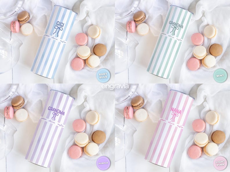 May include: Four cylindrical gift containers with vertical stripes in baby blue, mint, purple, and light pink. Each container has a name printed on it: Gigi, Grandma, and Nana. Macarons in various colors are arranged around the containers.