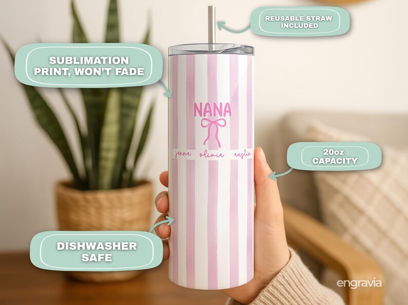 May include: A white and pink striped tumbler with the word "NANA" and a bow graphic. The tumbler includes a reusable straw and has a 20oz capacity. The text "Sublimation print, won't fade" and "Dishwasher safe" are also visible.