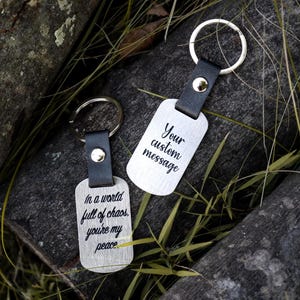 Personalized Stainless Steel Keychain with Leather Strap,Custom Engraved Metal Keychain, Minimalist Gift for Men, Women, Couples, Keyring
