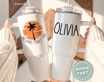 Family Vacation Tumbler with Handle-Beach Travel Mug Personalized-40 oz Vacation Tumbler-Cruise Trip Tumbler-Personalized Beach Tumbler