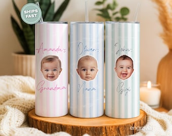 Personalized Photo Tumbler-Custom Baby Face Tumbler-Stripe Baby Picture Cup-Custom Baby Photo Mug-Mother's Day Gift-Grandma Mug Gift