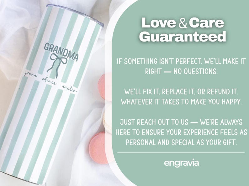 May include: A personalized tumbler with a mint green and white striped design. The tumbler features the word "Grandma" with names below. The image also includes the text "Love & Care Guaranteed".