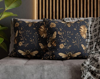 Biene Blumen Kissenbezug | Boho gesponnene Polyester Kissenbezug