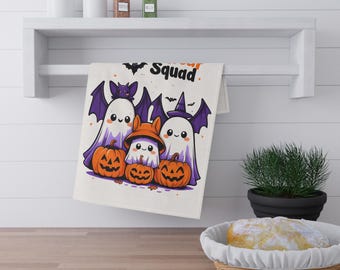 Halloween Tea Towels, Trick or Treat Squad Kitchen Decor, Festive Cotton Towels, Ghosts and Pumpkins, Fall Home Accent