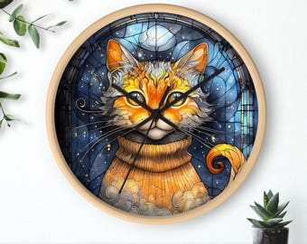 ステンドグラス風のグレーの猫と野花が描かれた10インチの丸型壁掛け