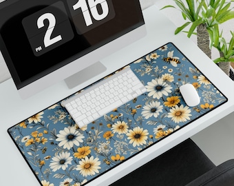 Tapete de mesa com estampa floral de abelhas, decoração de escritório inspirada na natureza.