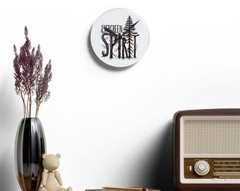 Evergreen Spirit Acrylic Wall Clock, Rustic Nature Decor