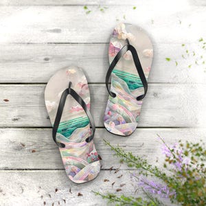 Artistic Beach Flip Flops, Summer Footwear, Vacation Sandals, Pool Slides, Unique Gift for Beach Lovers, Relaxation Essentials