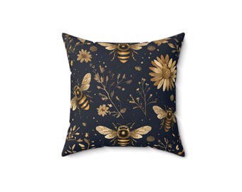 Cojín cuadrado floral con diseño de abeja dorada, decoración natural para el hogar
