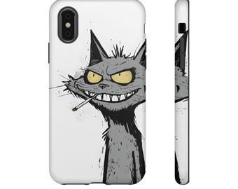 Könnte beinhalten: Eine weiße iPhone-Hülle mit einer Cartoon-Illustration einer grauen Katze mit einer Zigarette im Maul. Die Katze hat einen schelmischen Ausdruck mit gelben Augen und einem breiten Grinsen.