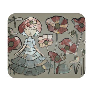 Whimsical Floral Mouse Pad, Art Mousepad, Office Decor, Gift for Her, Home Office Accessory, Stained Glass Style