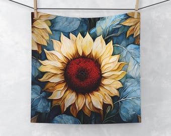May include: A close-up of a large sunflower with yellow petals and a dark red center. The sunflower is surrounded by blue-green leaves.