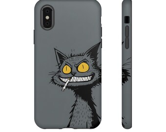 Könnte beinhalten: Eine graue Handyhülle mit einer Cartoon-Illustration einer schwarzen Katze mit gelben Augen, die eine Zigarette raucht. Die Katze hat ein verschmitztes Grinsen.