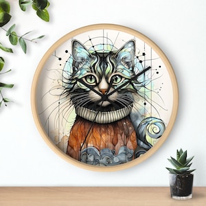 Reloj de pared con diseño de gato: decoración bohemia, regalo único para amantes de los gatos, arte vibrante para sala de estar, oficina y decoración para amantes de las mascotas.
