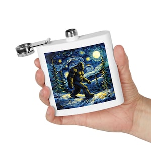 Bigfoot Moonlit Adventure Stainless Steel Flask, Funny Gift for Outdoors, Camping Accessory, Vintage Style Art, Party Favor, Travel